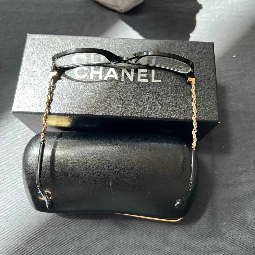CHANEL 3221-Q Beige Leather Glasses Frames Chain Link EUC Italy Emma Watson